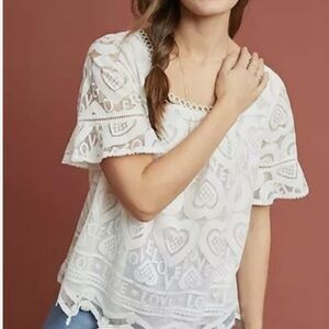 Anthropologie White Boxy Ruffled Blouse hearts love LN